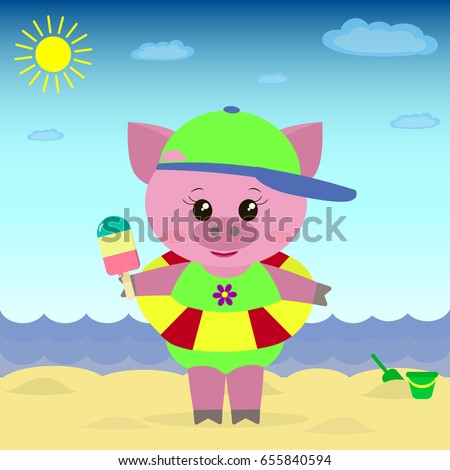 A sweet guinea pig on the beach with a hat, a bathing suit, a circle and ice cream in a cartoon style./
Illustration of a cute piggy on the beach with ice cream.
