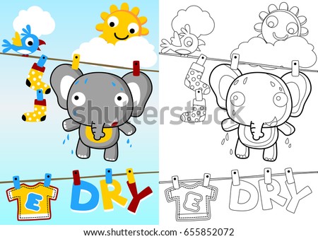 funny elephant in clothesline with little bird, smiling sun behind clouds, coloring book or page, vector cartoon