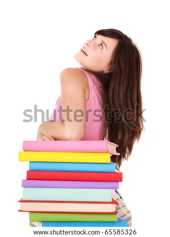 Girl with stack multicolored book . Isolated.