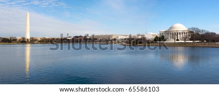 Beautiful Panoramic view of the Washington DC skyline showing the Washington Monument and the Jefferson Memorial.