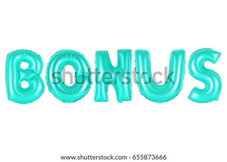 bonus in english alphabet from turquoise color balloons on a white background. holidays and education.