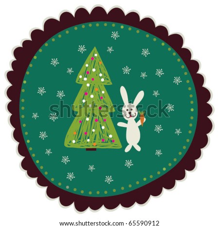 Christmas card with rabbit holding carrot near Christmas tree in round frame.