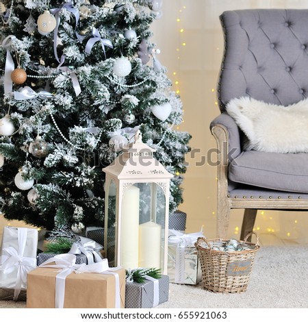 Christmas decorated room, photo studio interior. 