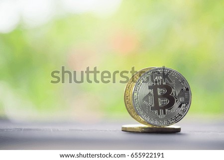 Golden bitcoin with reflex and retro map background. Bit coin cryptocurrency banking money transfer business technology