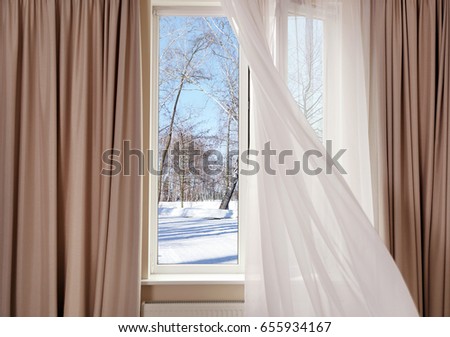 View of winter park through modern window in room