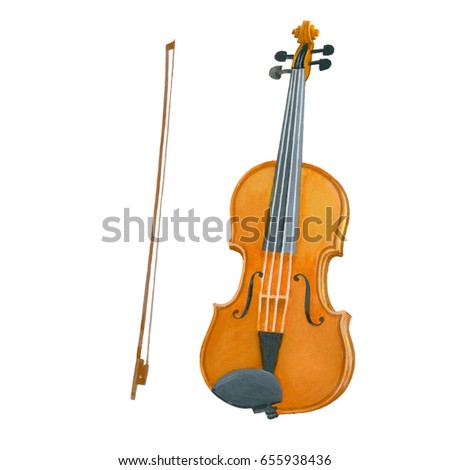 A realistic drawn violin, hand painted with gouache. Classic musical instrument isolated on white background.