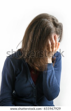 embarrassed woman shame concept, vertical picture of lady covering her face