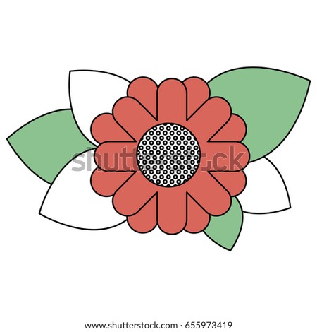 color sections silhouette of abstract sunflower with leaves in closeup and thick contour vector illustration