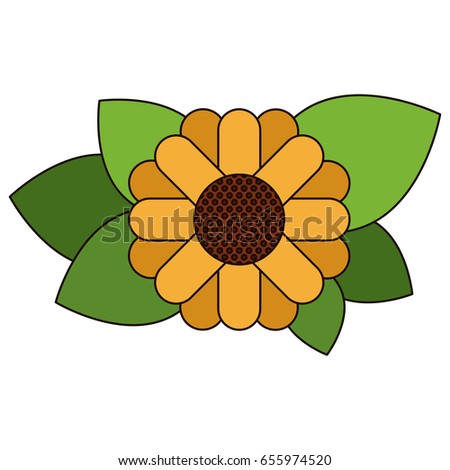 white background with abstract sunflower with leaves in closeup and thick contour vector illustration