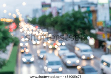 Blur traffic jam with bokeh light abstract background, bangkok thailand, transportation concept.