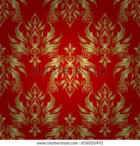 Pattern with golden elements on a red background. Can be used for luxury greeting rich card. Vector gold ornament on a red background. Vintage seamless texture.