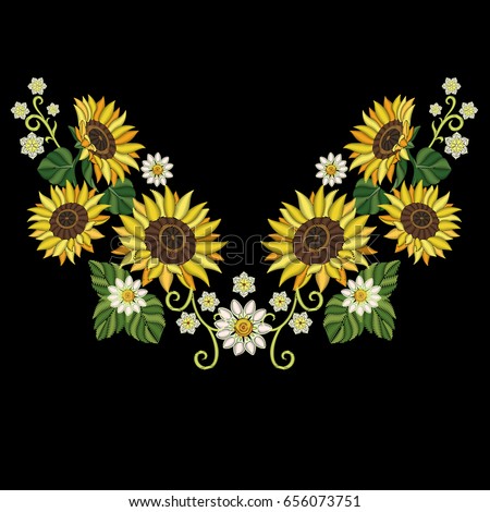 Embroidery design. Embroidered collection of sunflowers and daisy flowers for fabric pattern, textile print, patch or sticker. Symmetric floral elements for dress neckline, collar t-shirt or blouse.