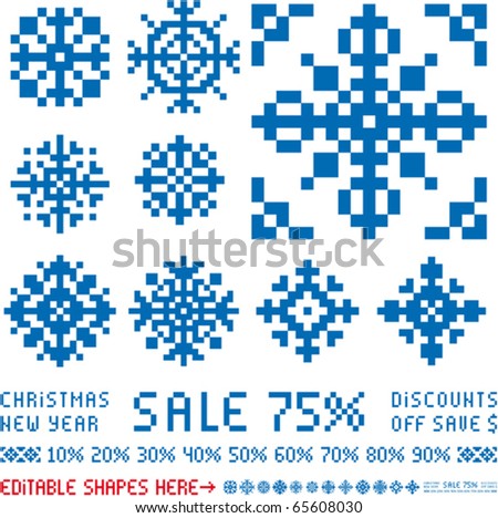 Christmas vector snowflakes designs in retro pixel style