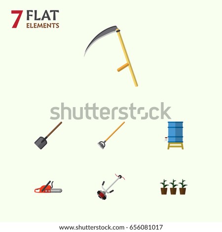 Flat  Set Of Cutter, Container, Grass-Cutter And Other Vector Objects. Also Includes Cutter, Tool, Mower Elements.