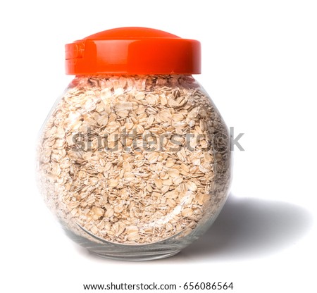 Glass jar with rolled oats isolated on white background glass jar with oatmeal flakes isolated