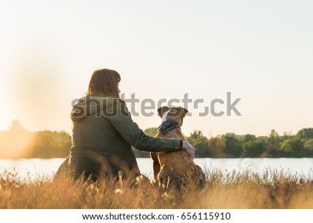 Dog owner and her pet sit at riverbank at sunset. Young female person in parka and puppy hugging and looking in distance near lake at dawn in beautiful autumn landscape Royalty-Free Stock Photo #656115910