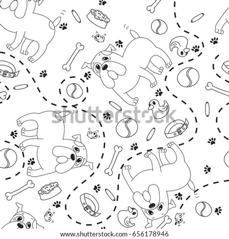 English bulldog, butterfly, ball, food bowl, collar, rubber duck, bone, dog, paw print, dotted line