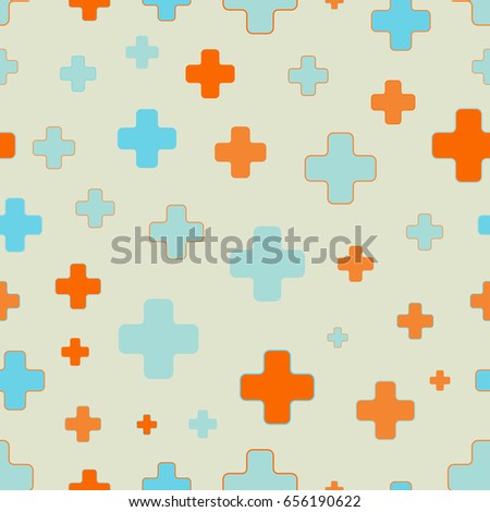 Vector seamless pattern of plus signs. Scattered and randomly sized colorful shapes.