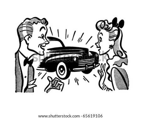Couple With New Car - Retro Clipart Illustration