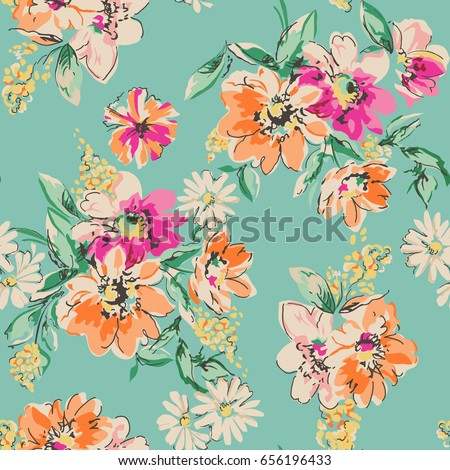 sketched flower print in bright colors - seamless background Royalty-Free Stock Photo #656196433