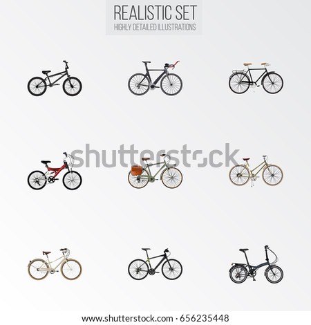 Realistic Folding Sport-Cycle, Fashionable, Old And Other Vector Elements. Set Of Bike Realistic Symbols Also Includes Teenager, Adolescent, Working Objects.