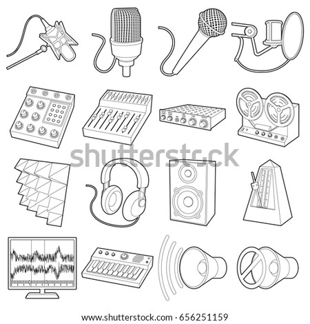 Recording studio symbols icons set. Outline illustration of 16 recording studio symbols vector icons for web