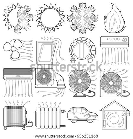 Heat cool air flow tools icons set. Outline illustration of 16 heat cool air flow tools vector icons for web