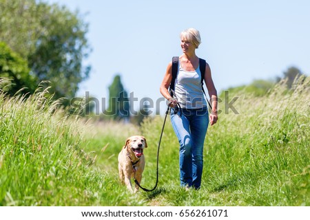 mature woman with rucksack hiking with a dog in the summer landscape Royalty-Free Stock Photo #656261071
