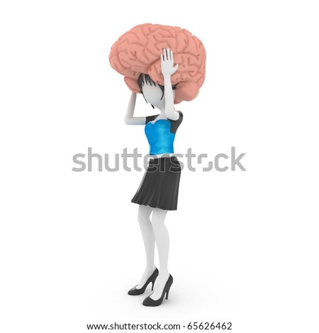3d girl with brain model isolated on white