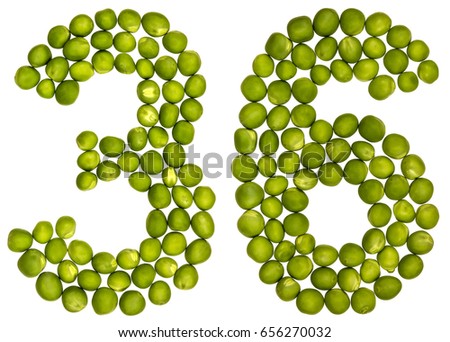 Arabic numeral 36, thirty six, from green peas, isolated on white background