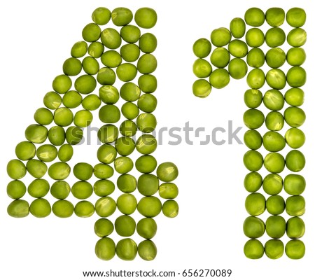 Arabic numeral 41, forty one, from green peas, isolated on white background