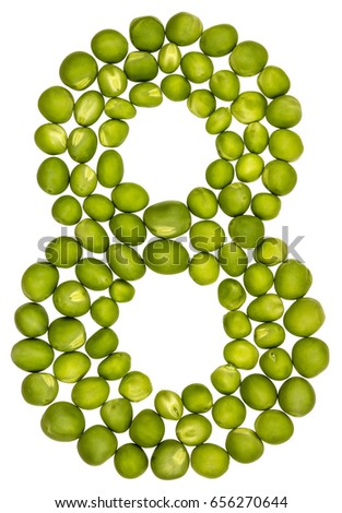 Arabic numeral 8, eight, from green peas, isolated on white background