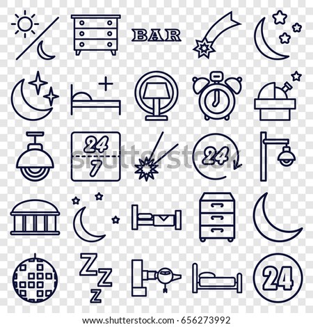 Night icons set. set of 25 night outline icons such as bed, jetway, observatory, nightstand, bar, moon and stars, medical bed, crescent, street lamp, table lamp, sun and moon