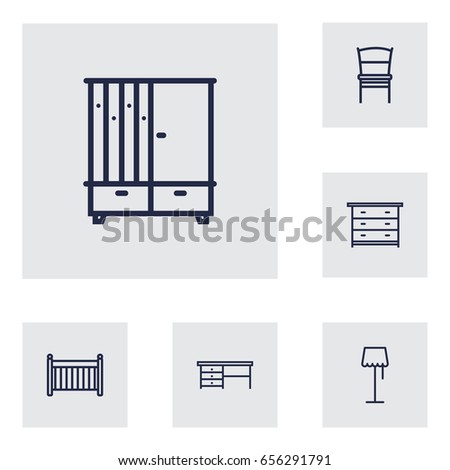 Set Of 6 Set Outline Icons Set.Collection Of Hall Tree, Crib, Desk And Other Elements.