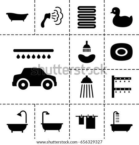 Shower icon. set of 13 filled showericons such as shower, duck, soap, towels, cloth hanging, car wash, irrigation system