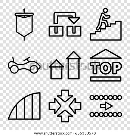 Move icons set. set of 9 move outline icons such as arrow up, bike, top of cargo box, angle, man climbing stairs, sail