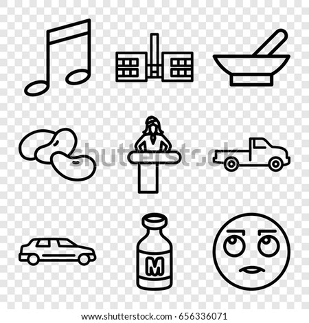Clipart icons set. set of 9 clipart outline icons such as airport desk, bowl, bean, car, milk, rolling eyes emot, school