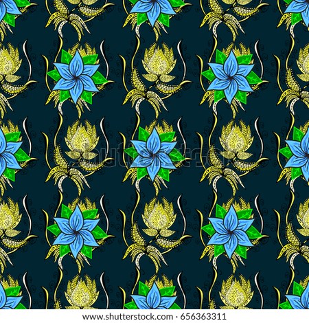 Blue, green and gray hand drawn pattern. Pattern. Doodle flowers seamless pattern. Art inspiblue, green and gray style flowers and leaves background.