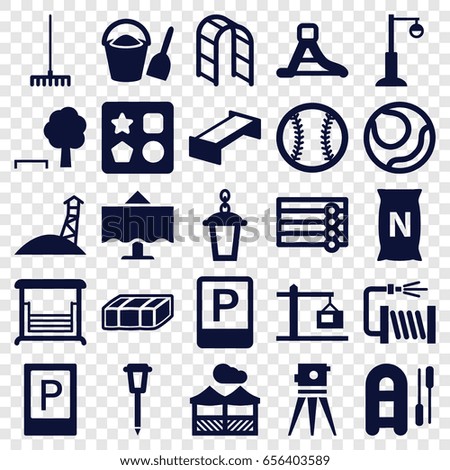 Outdoor icons set. set of 25 outdoor filled icons such as garden bench, parking, wooden wall, from toy for beach, theodolite, rake, water hose, street lamp, swing