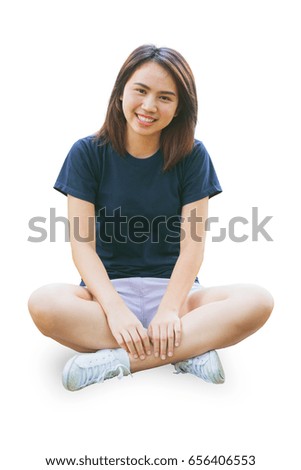 smile young asian women sitting isolated on white with path.