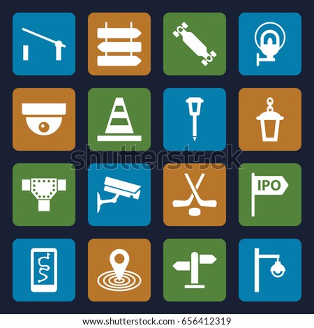 Street icons set. set of 16 street filled icons such as barrier, direction   isolated, road, map location, cone, street lamp, hockey, skate board, direction, security camera