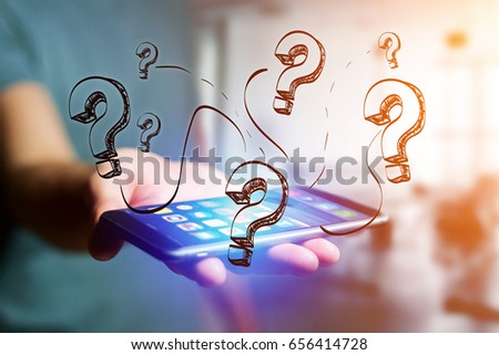 View of Hand drawn question mark icon going out a smartphone interface of a man at the office - technology concept