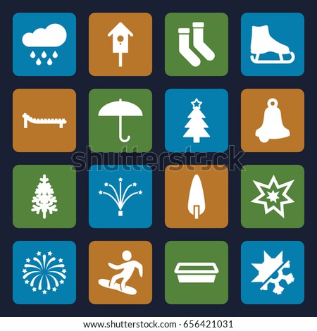Season icons set. set of 16 season filled icons such as socks, christmas tree, pot for plants, pine-tree, nesting house, fireworks, cold and hote mode, snowboard, sunbed, rain