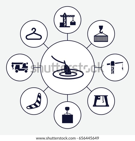 Hook icons set. set of 9 hook filled icons such as construction crane, boomerang, hanger, cargo crane