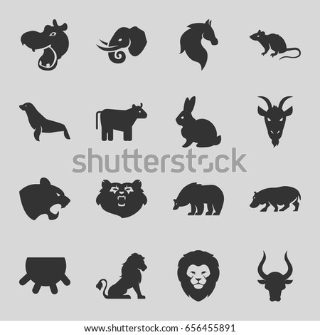Mammal icons set. set of 16 mammal filled icons such as cow, udder, bear, lion, hippopotamus, rabbit, panther, mouse, horse, bull, elephant, goat