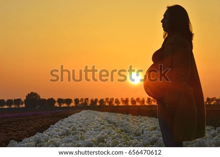 The stunning silhouette of a pregnant woman standing in a field of flowers as rays of sunshine illuminate her bump.
