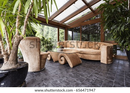 Stylish orangery with potted plants, glazed roof and unique velvet furniture Royalty-Free Stock Photo #656471947