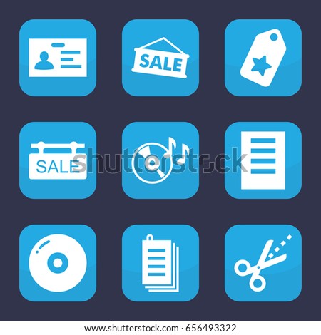 Copy icon. set of 9 filled copy icons such as badge, paper, disc on fire, scissors, sale tag, document, sale, disc