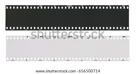 Film strip template, empty developed black and white 135 type (35mm) in negative and positive isolated on white background with work path.