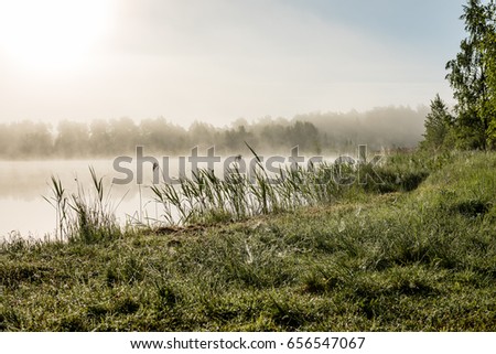 reflections in the lake water at sunrise with morning mist over the water and bright sun in summer